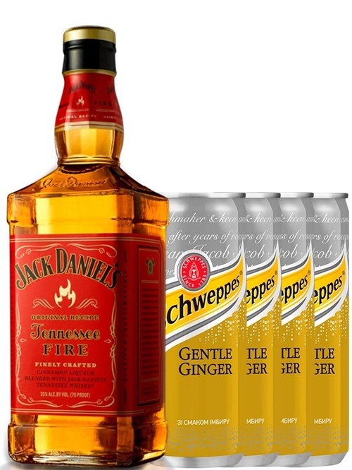 Акційний набір віскі-лікер Джек Деніелс, Теннессі Фаєр + Швепс Імбир / Jack Daniel's, Tennessee Fire, 35% 0.7л + Schweppes Gentle Ginger, ж/б 4*0.33л фото