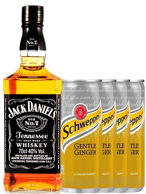 Акционный набор Виски Джек Дэниэлс + Швепс Имбирь / Jack Daniel's, 40% 0.7л + Schweppes Gentle Ginger, ж/б 4*0.33л