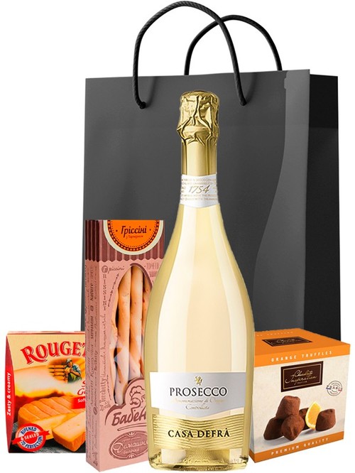 Акционный набор (5%) Игристое вино Prosecco, Casa Defra с сыр Kaserei, трюфелями Chocolate Inspiration и гриссини Бабене фото