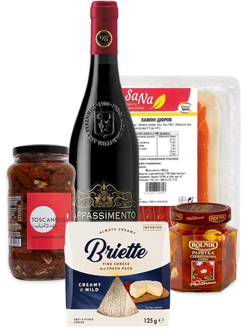 Набір Вино Appassimento Rosso Puglia з хамоном Sana, в'яленими томатами Toscanibus, сиром Briette та фаршированим перцем Rolnik фото