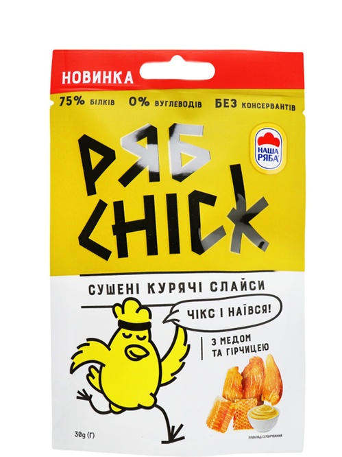 Слайси курячі сушені з гірчицею та медом, РябChick, 30г Слайси курячі сушені з гірчицею та медом, РябChick, 30г фото