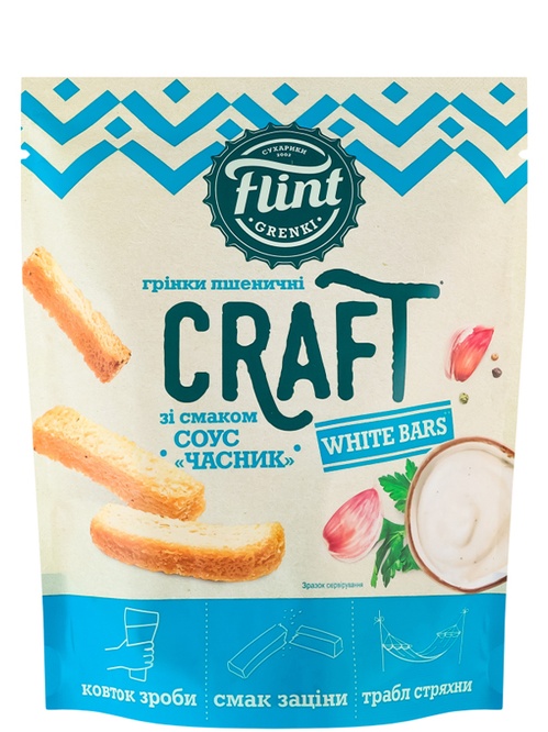 Грінки пшеничні зі смаком часникового соусу, Flint Craft, 90г Грінки пшеничні зі смаком часникового соусу, Flint Craft, 90г фото