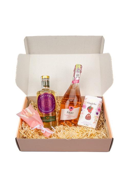 Набір Ігристе вино Juliet Prosecco Spumante Rose з джином Mallows, полуницею в шоколаді Bolci та букетом з сухоцвітів фото