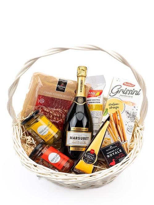 Набор Игристое вино Prosecco Marsuret, сыром Гауда Daily Dairy, колбасой Sana, гриссини Barbero, террином Ducs de Gascogne, оливками Toscanibus, вялеными томатами и мясным ассорти Iberian Moments фото