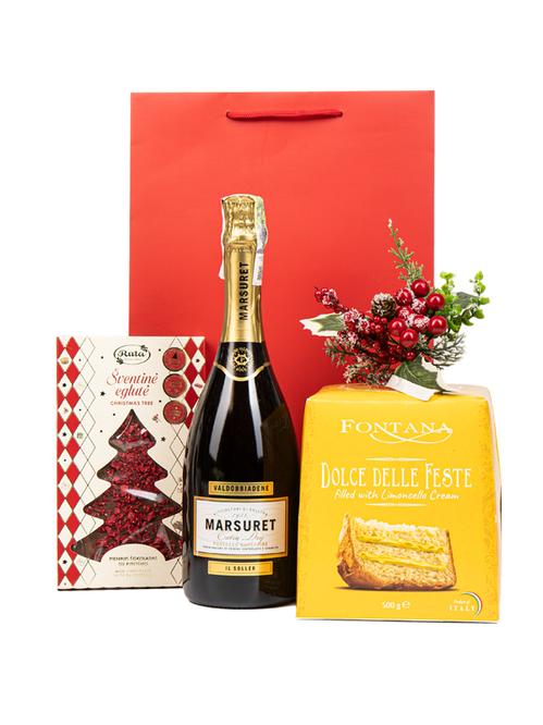 Новогодний набор Игристое вино Prosecco Marsuret с панеттоне Fontana и шоколадом Christmas Tree фото