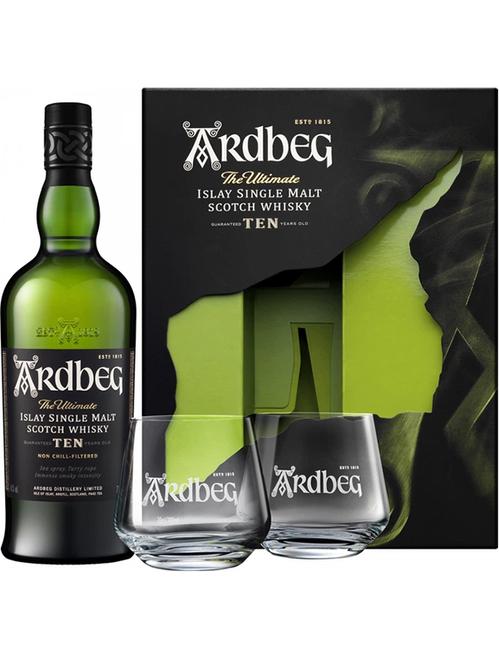 Віскі Ардбег Тен / Ardbeg Ten, 10 років, 46%, 0.7л, в подарунковій коробці + 2 склянки фото