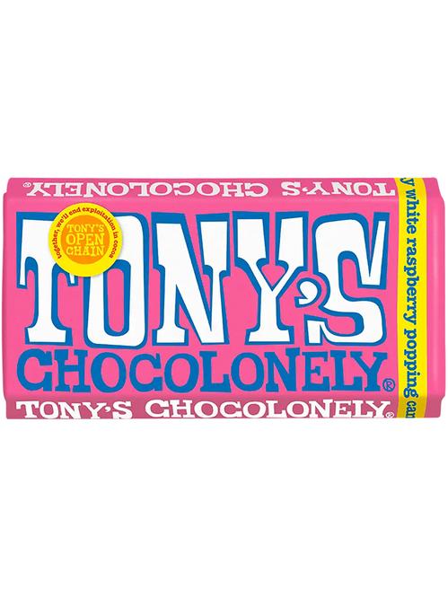 Шоколад білий з малиною та тріскучою карамеллю, Tony's Chocolonely, 180г фото