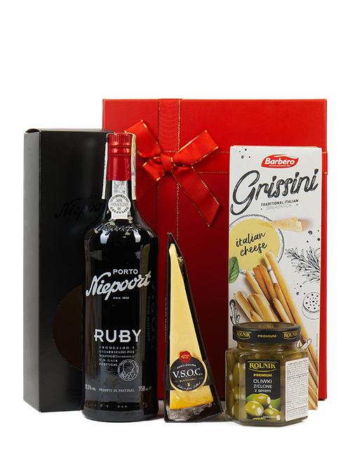 Подарочный набор Портвейн Niepoort с сыром Гауда Daily Dairy, оливками Rolnik и гриссини Barbero фото