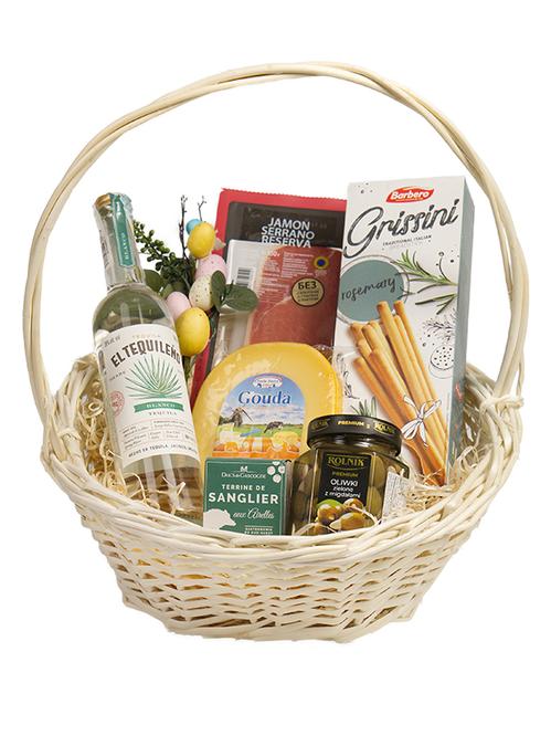 Великодній подарунковий набір Текіла El Tequileno з хамоном Subirats, грисині Barbero, сиром Гауда Daily Dairy, терріном Ducs de Gascogne та оливками Rolnik фото